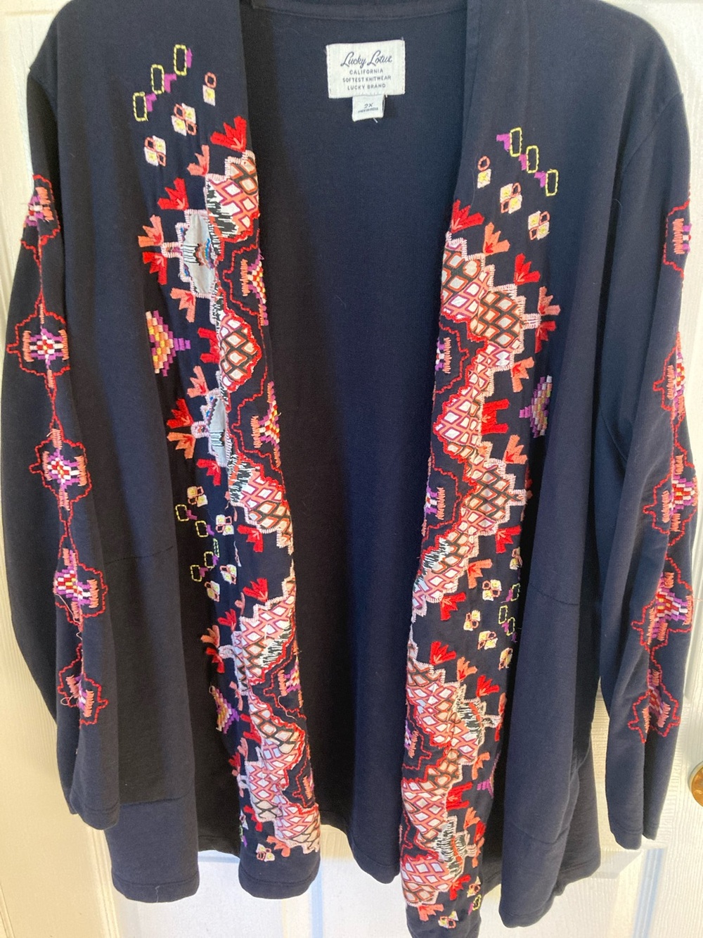 Lucky Brand Navy Cardigan with Multicolor Geometric Embroidery